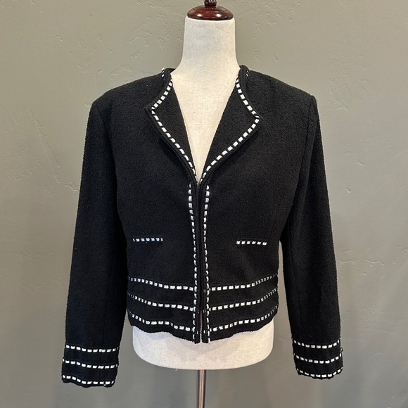 Vintage Anne Carson Black Silk Tweed Boucle Cropped Jacket XL Chanel Style Chic - Picture 2 of 13